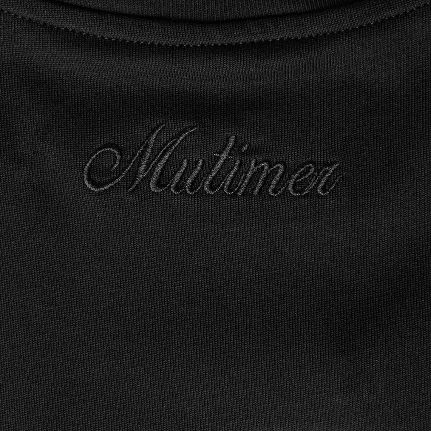 OFFCODE.USA black t-shirt with embroidered 'Mutimer' logo on chest. Cotton fabric.