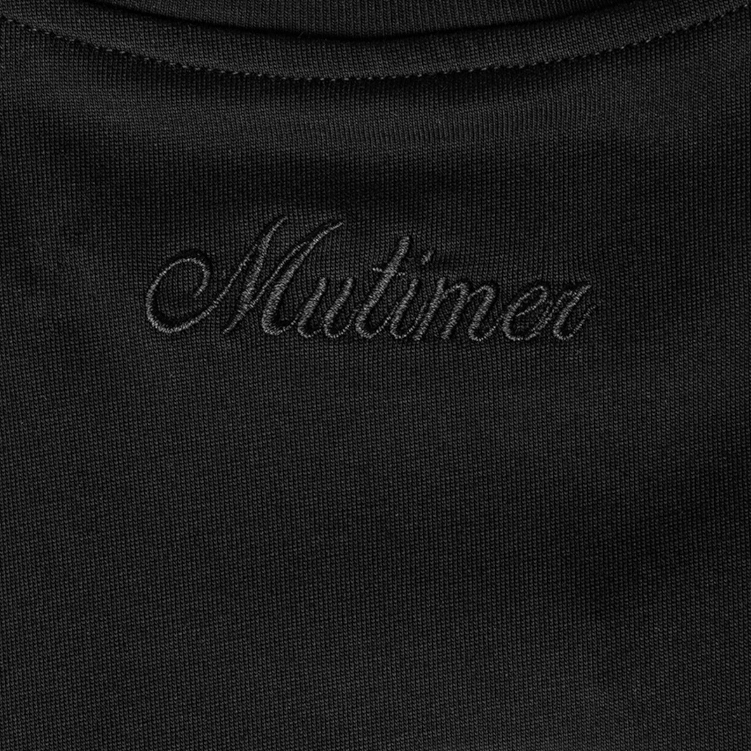 OFFCODE.USA black t-shirt with embroidered 'Mutimer' logo on chest. Cotton fabric.