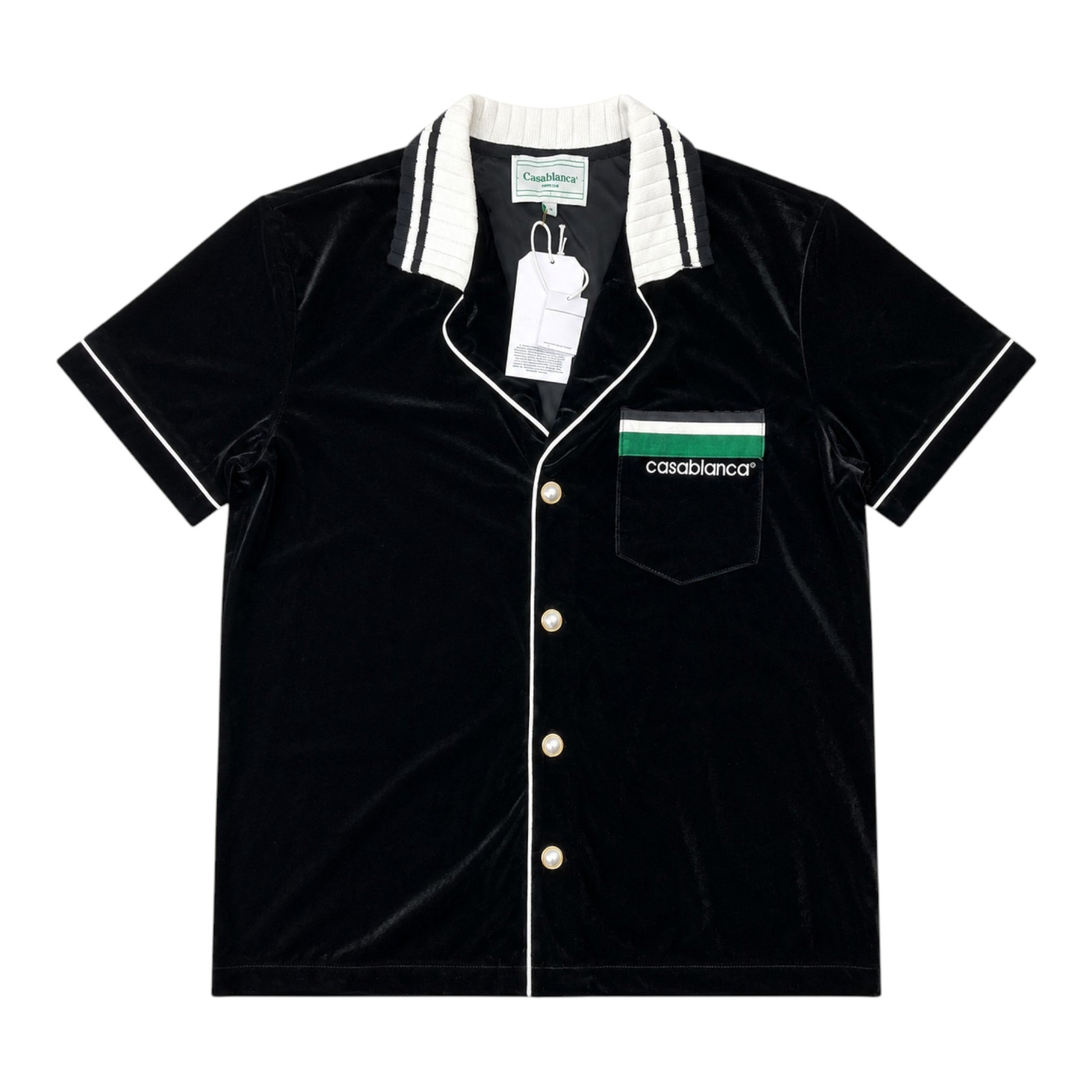 OFFCODE.USA black velour short-sleeved shirt with white piping, pearl buttons, and chest pocket with green and white logo.