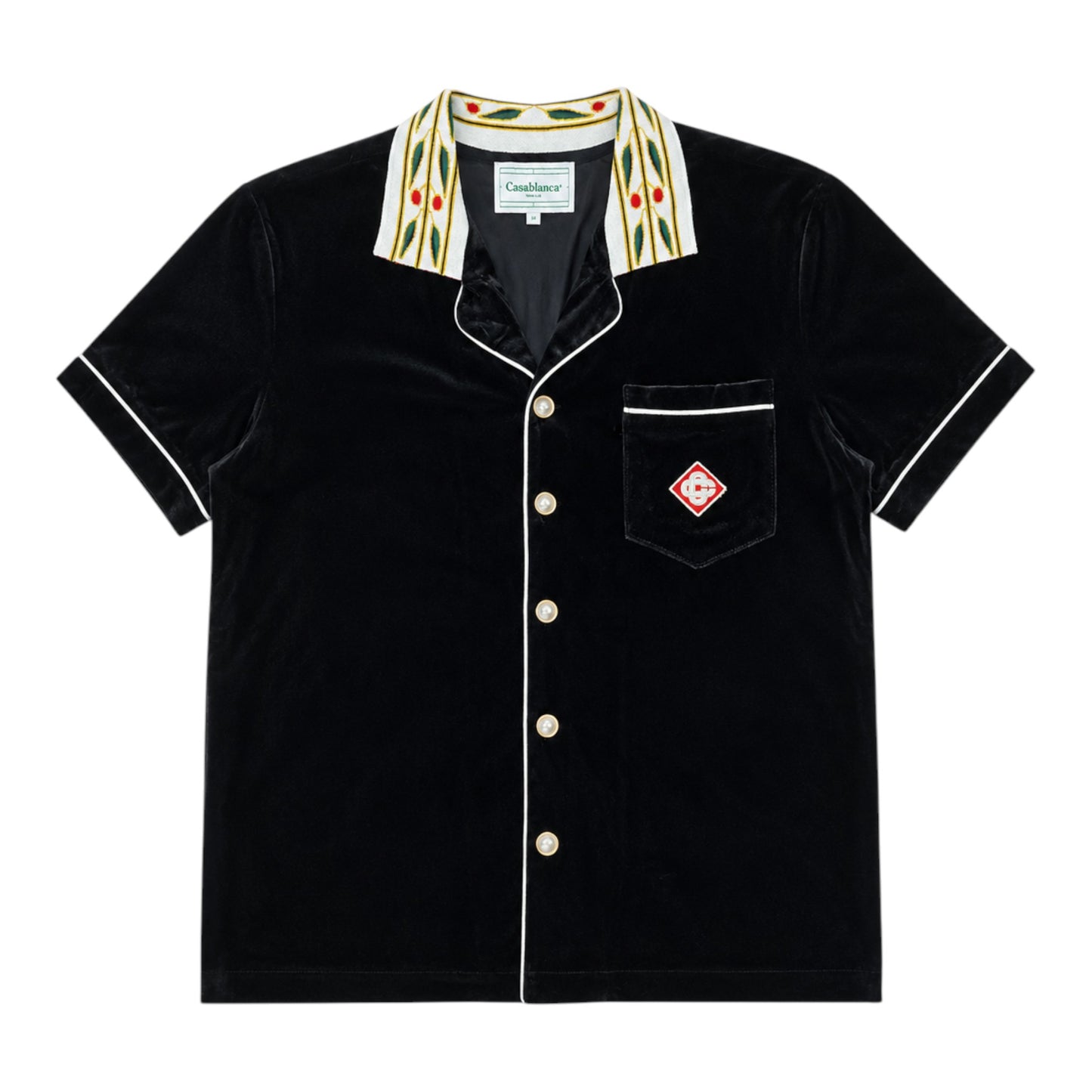 OFFCODE.USA black velvet short-sleeve shirt with embroidered silk collar and chest pocket detail.