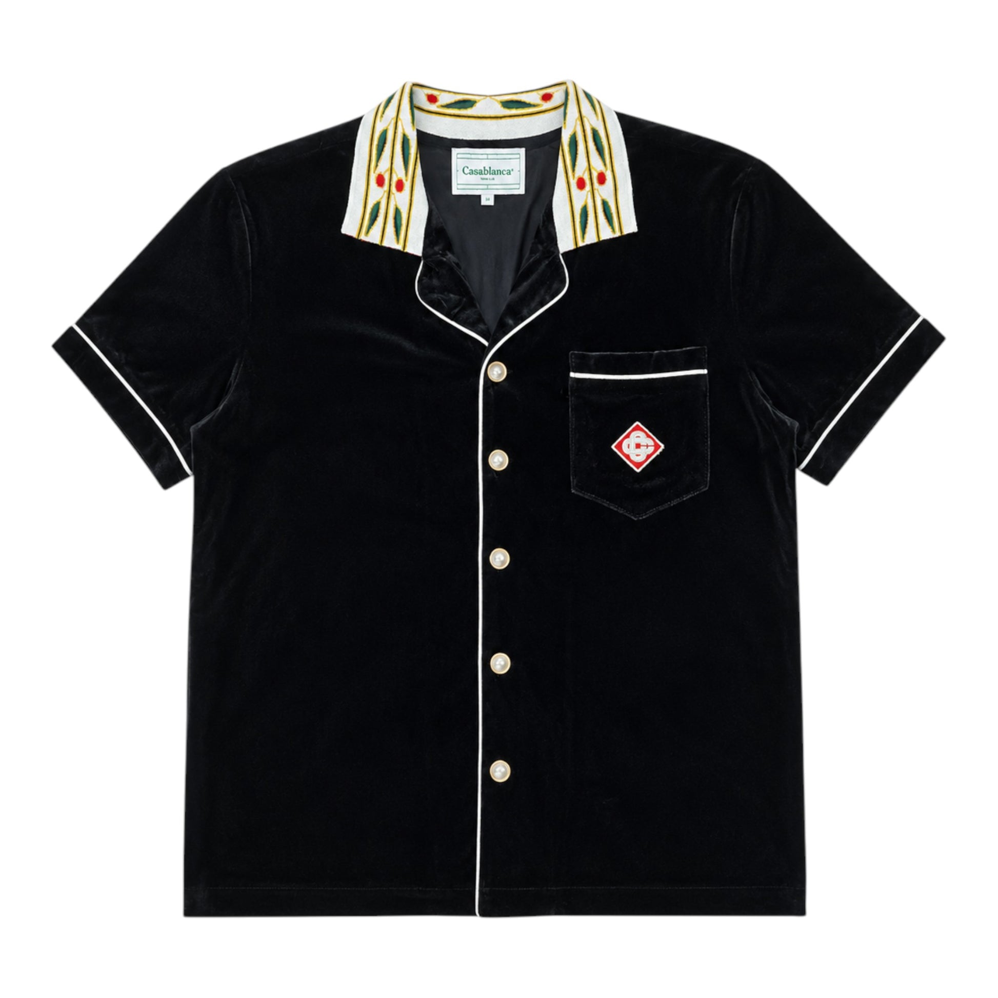 OFFCODE.USA black velvet short-sleeve shirt with embroidered silk collar and chest pocket detail.