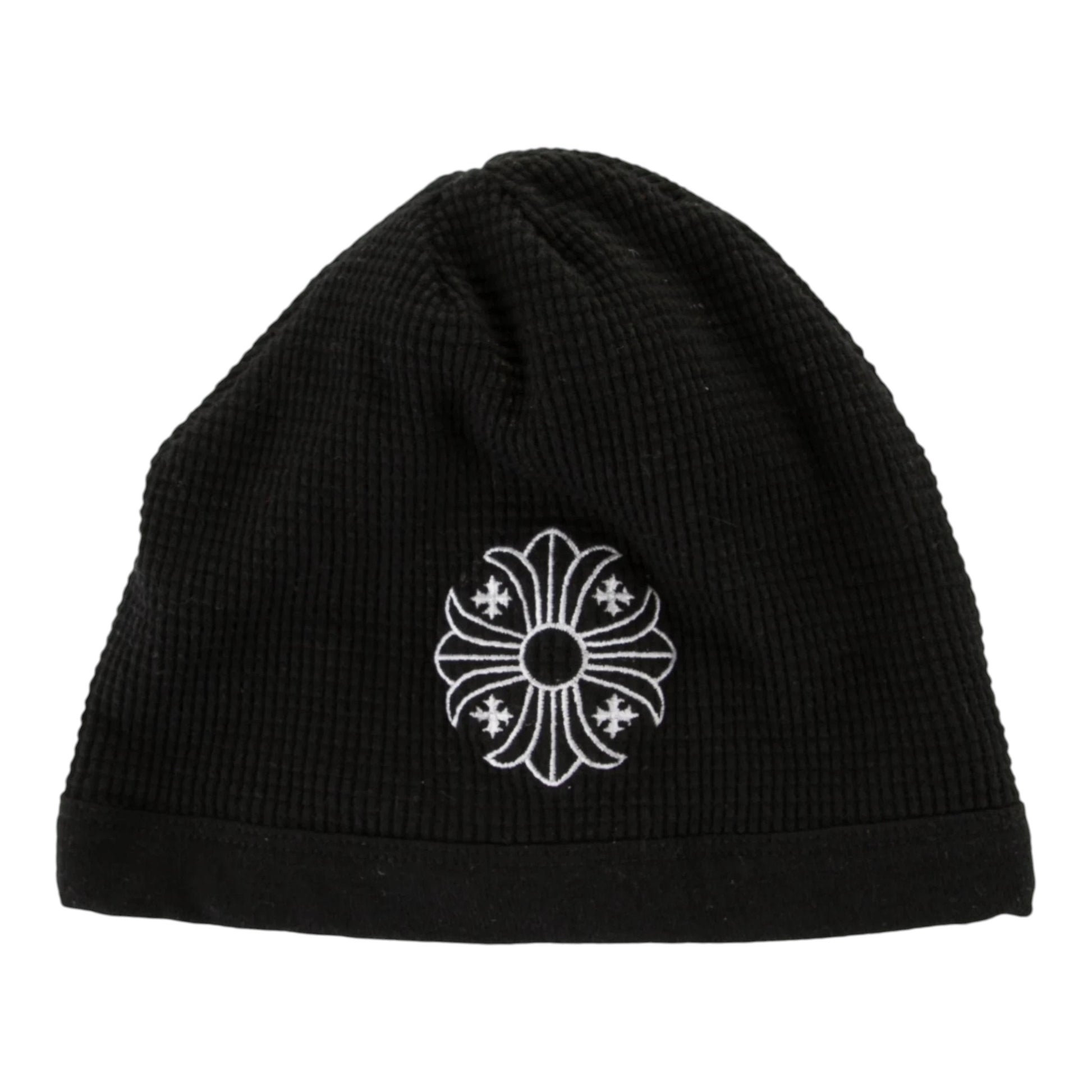 OFFCODE.USA black waffle thermal beanie featuring a white embroidered Chrome Hearts cross logo on the front.