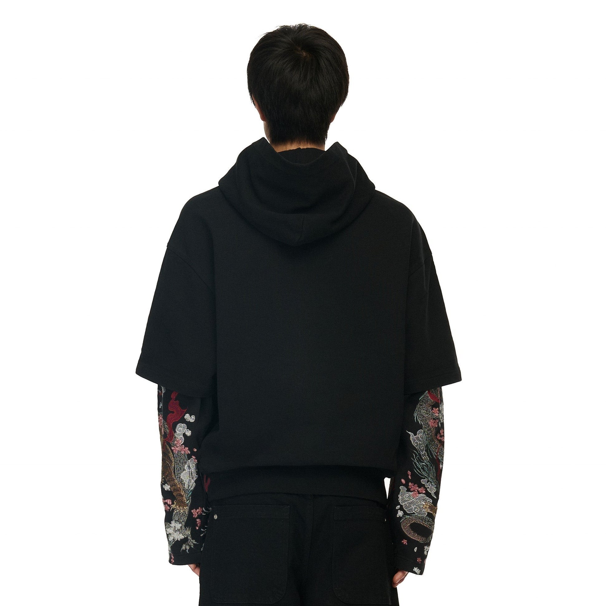 OFFCODE.USA black double sleeve hoodie with intricate yakuza-inspired embroidery on the sleeves. 100% cotton.