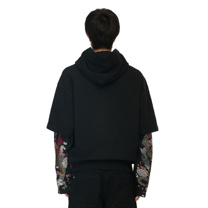 OFFCODE.USA black double sleeve hoodie with intricate yakuza-inspired embroidery on the sleeves. 100% cotton.