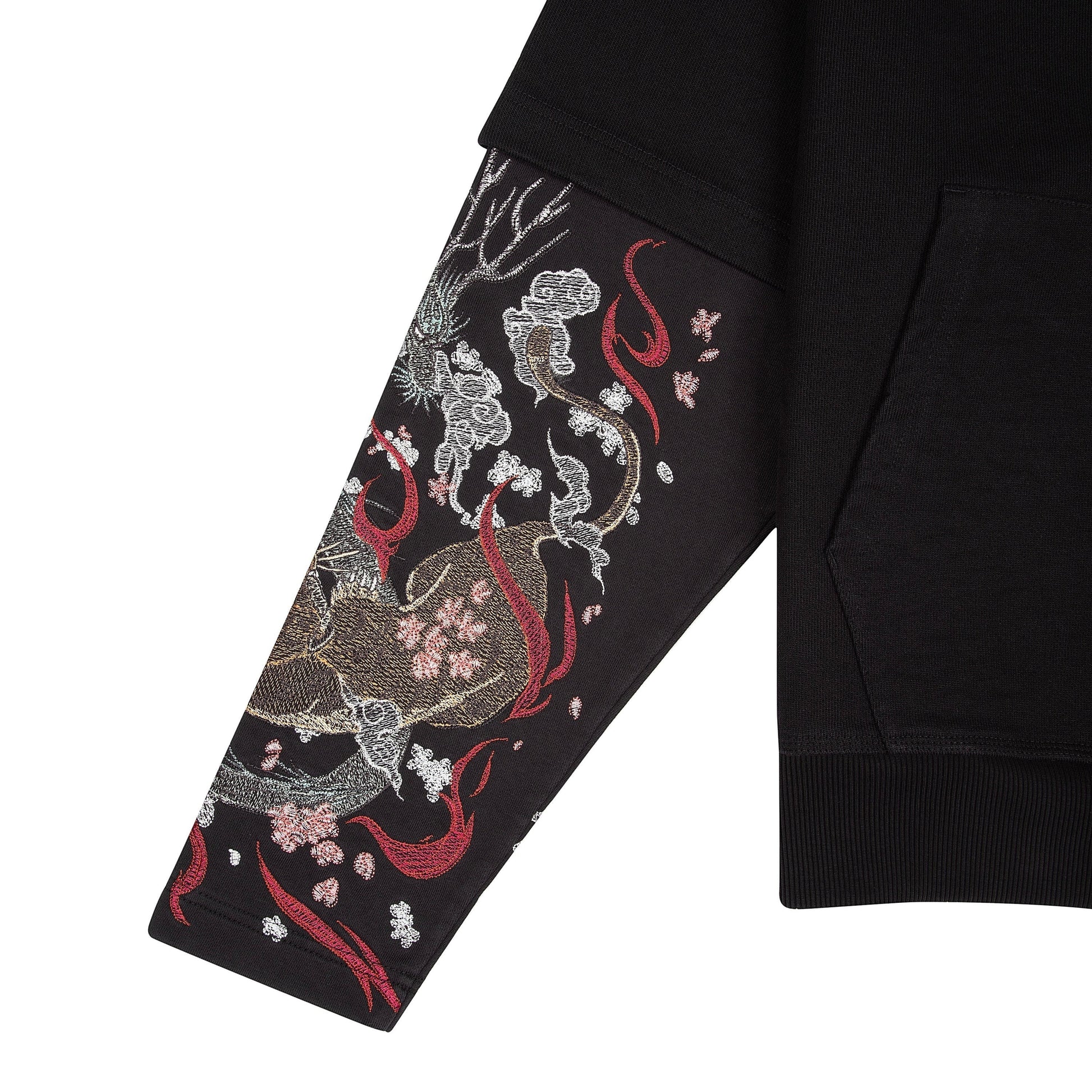 OFFCODE.USA black cotton hoodie with double sleeves featuring intricate Yakuza-inspired dragon and cherry blossom embroidery.