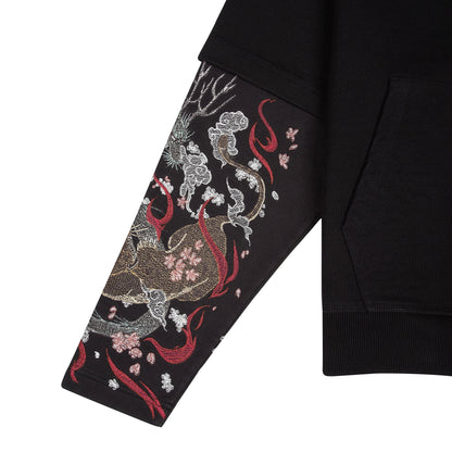 OFFCODE.USA black cotton hoodie with double sleeves featuring intricate Yakuza-inspired dragon and cherry blossom embroidery.