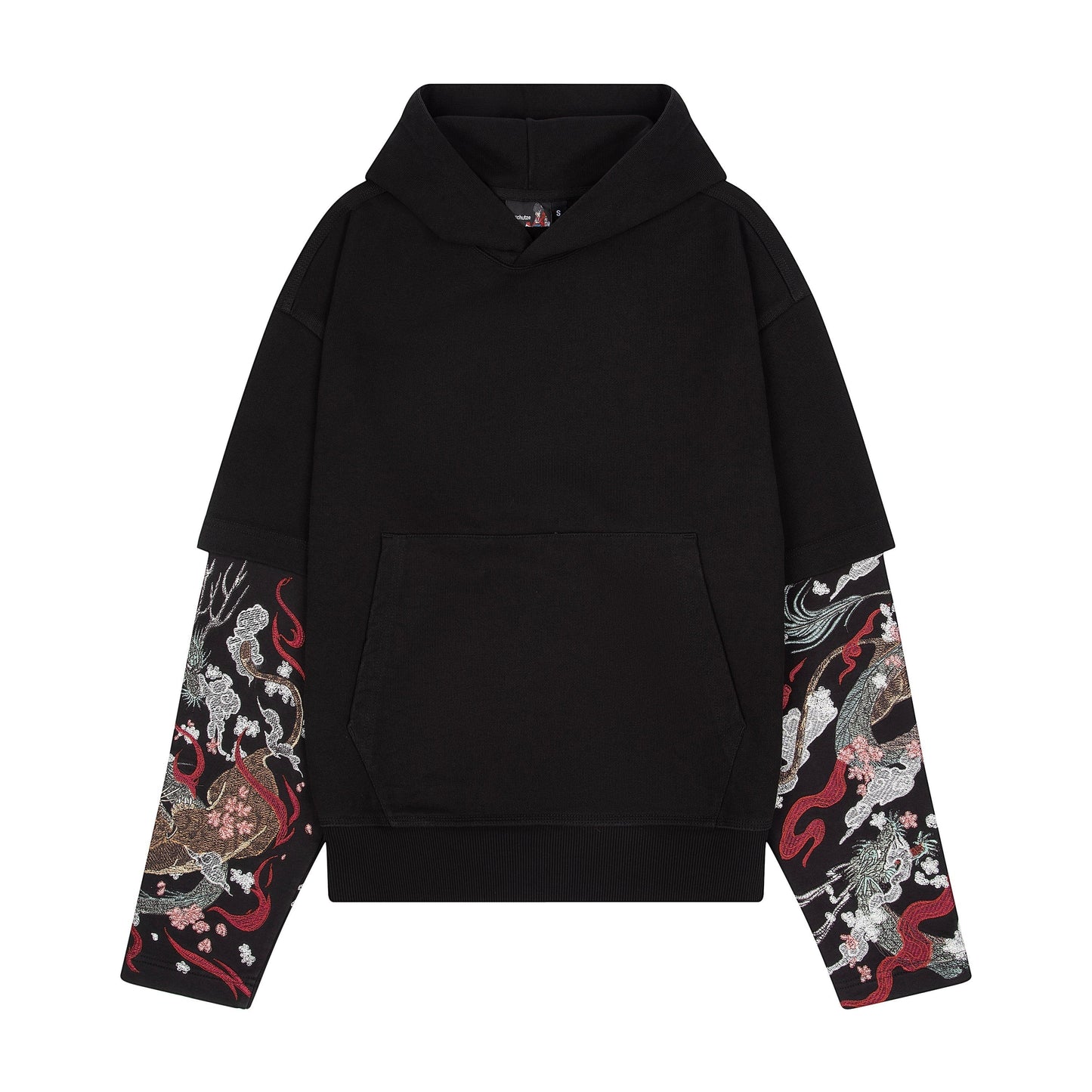 OFFCODE.USA black double sleeve hoodie with intricate yakuza-inspired embroidery on sleeves. 100% cotton.