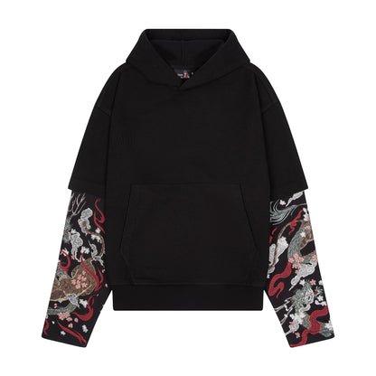 OFFCODE.USA black double sleeve hoodie with intricate yakuza-inspired embroidery on sleeves. 100% cotton.