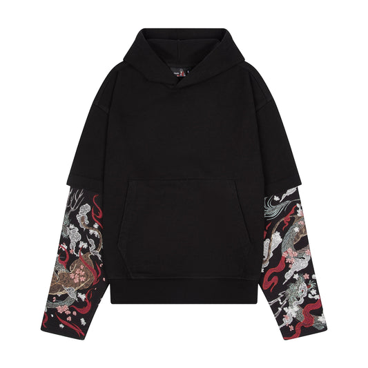 OFFCODE.USA black double sleeve hoodie with intricate yakuza-inspired embroidery on sleeves. 100% cotton.