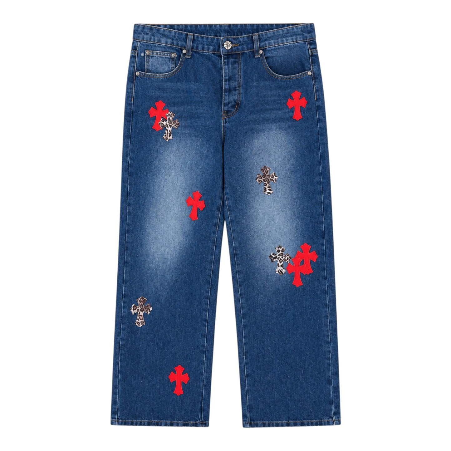 OFFCODE.USA blue denim jeans featuring red and leopard print cross patches in a relaxed fit
