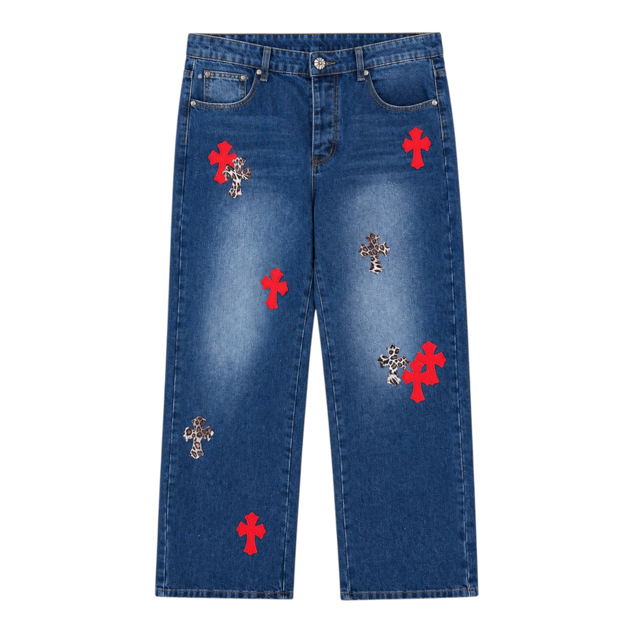 OFFCODE.USA blue denim jeans featuring red and leopard print cross patches in a relaxed fit