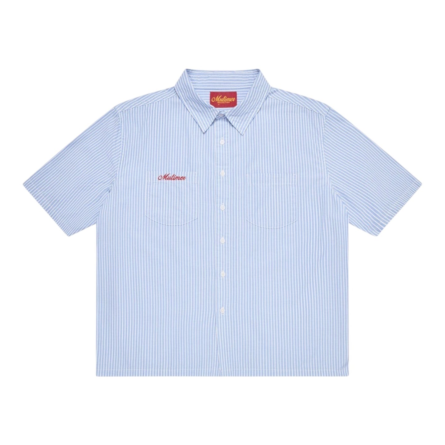 OFFCODE.USA light blue and white pinstripe short sleeve work shirt with red embroidered logo on chest pocket.