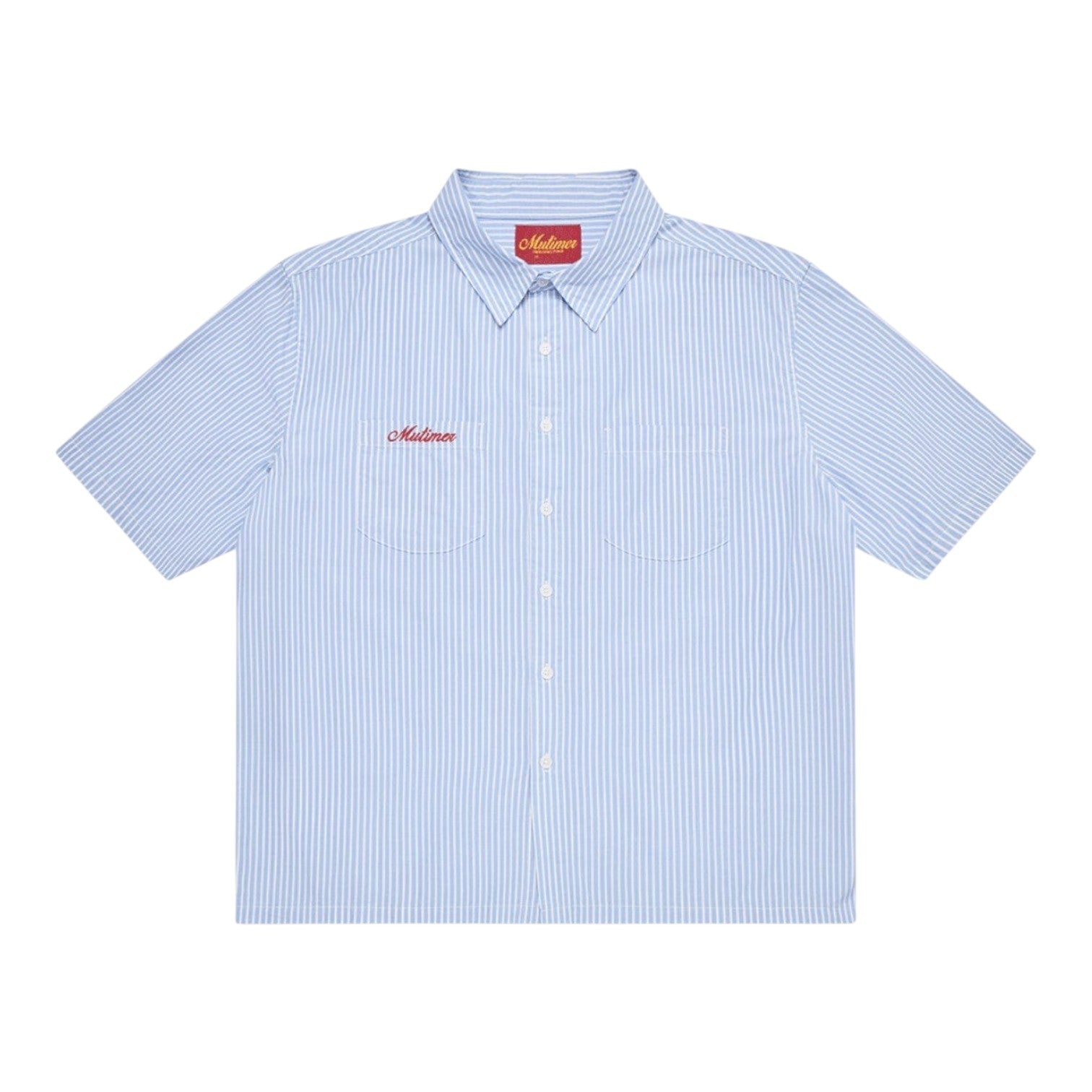 OFFCODE.USA light blue and white pinstripe short sleeve work shirt with red embroidered logo on chest pocket.