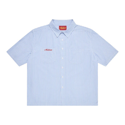 OFFCODE.USA light blue and white pinstripe short sleeve work shirt with red embroidered logo on chest pocket.