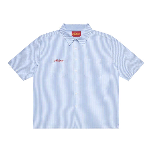 OFFCODE.USA light blue and white pinstripe short sleeve work shirt with red embroidered logo on chest pocket.