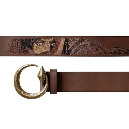 OFFCODE.USA brown full-grain leather belt with metal buckle and embroidered eye detail. Sized for waist 32-36.