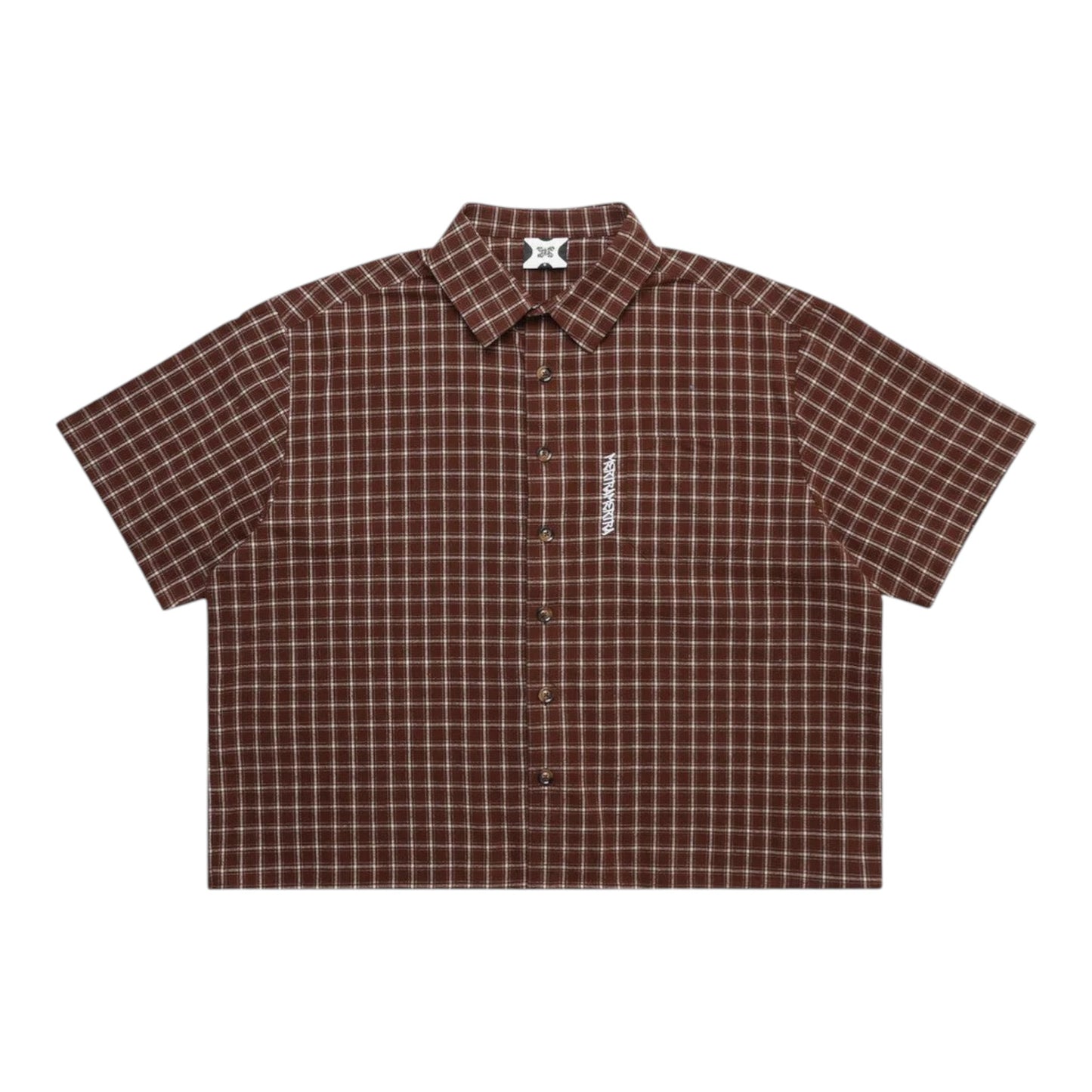 OFFCODE.USA brown plaid 100% cotton cropped shirt with embroidered front graphic and tortoise shell buttons.