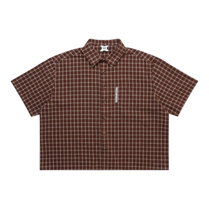 OFFCODE.USA brown plaid 100% cotton cropped shirt with embroidered front graphic and tortoise shell buttons.
