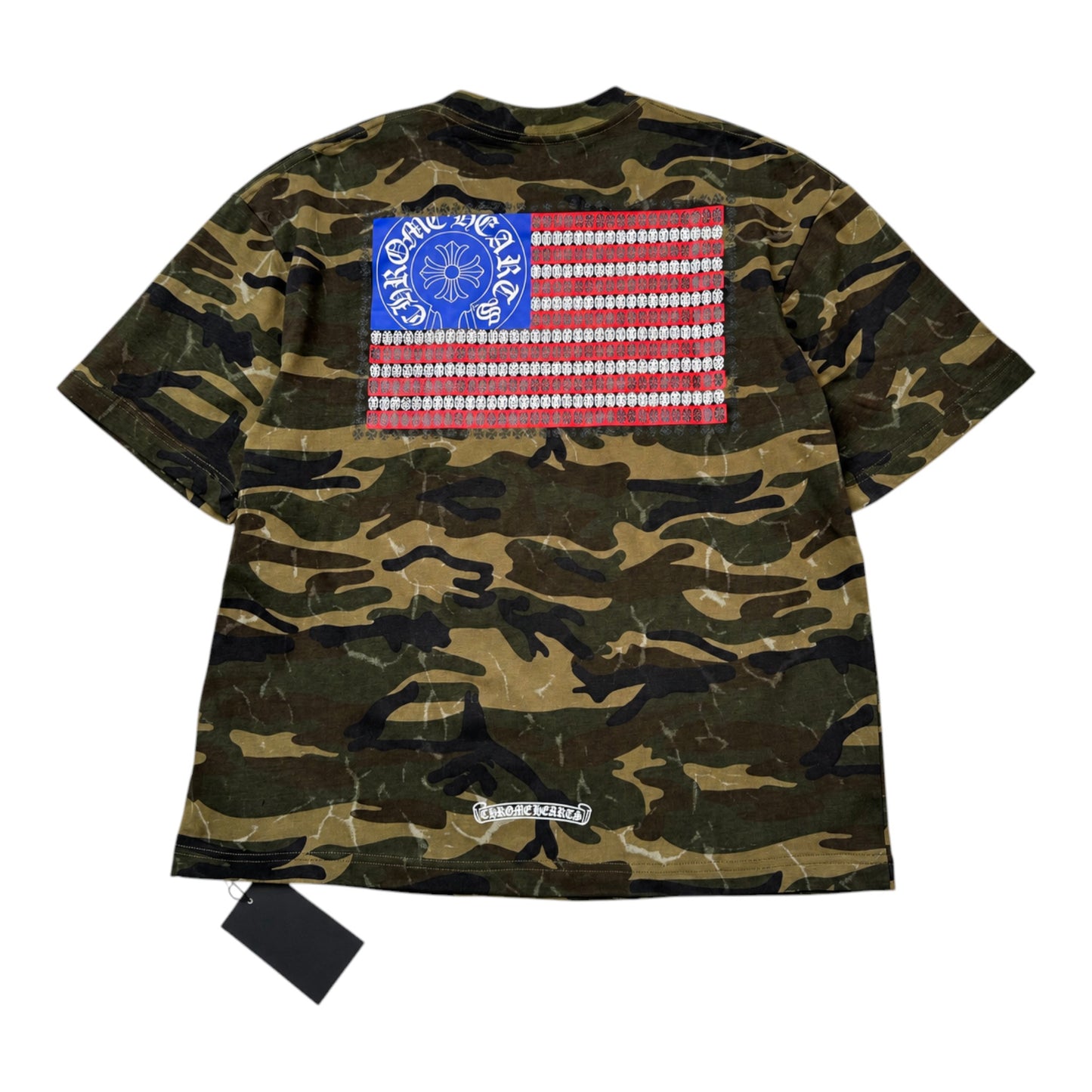 OFFCODE.USA short-sleeve t-shirt in green camo print featuring a back graphic of an American flag with Chrome Hearts logo