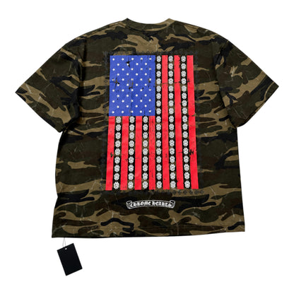 OFFCODE.USA camo short-sleeve t-shirt featuring a distressed American flag graphic with skull icons on the back.