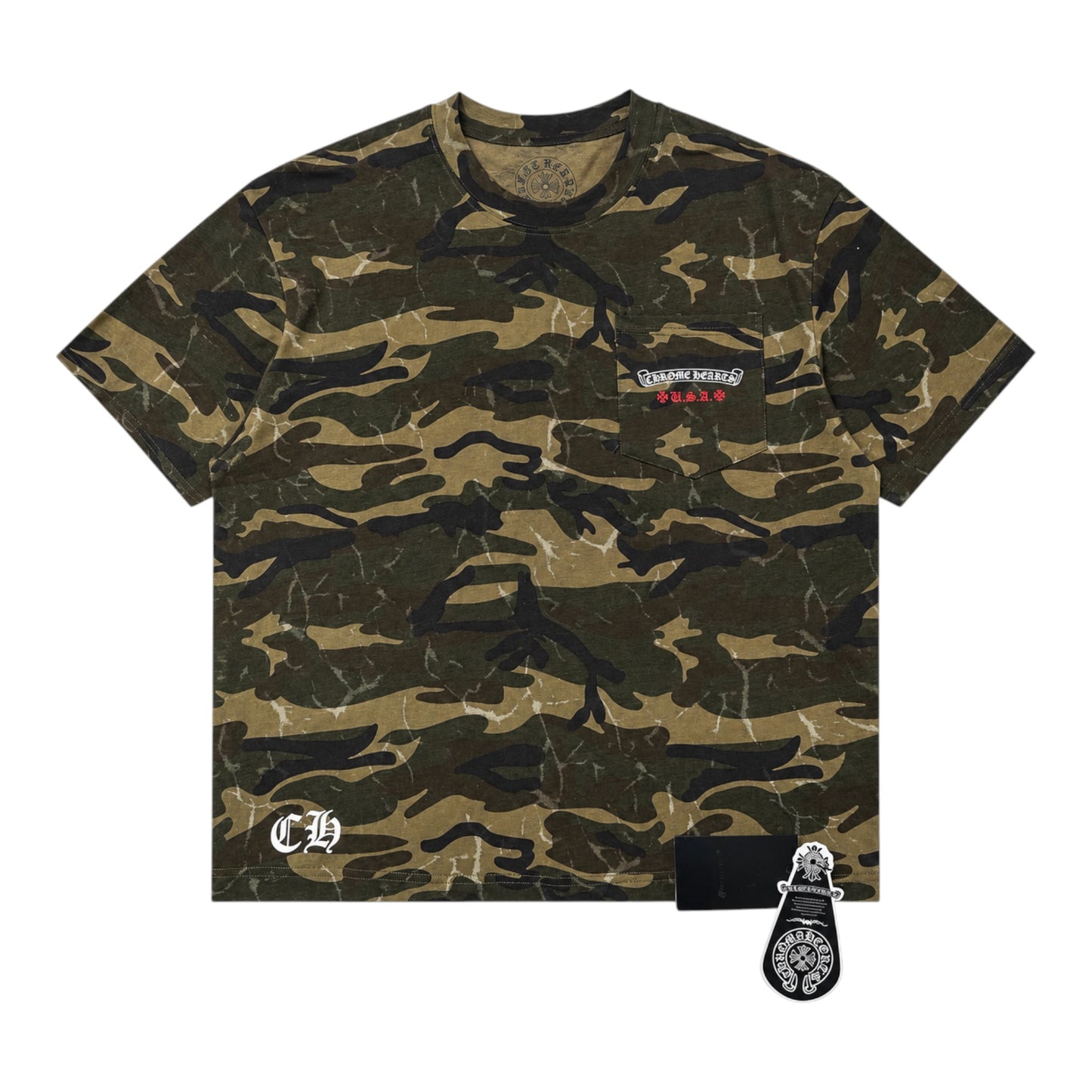 OFFCODE.USA camo print short-sleeve t-shirt with American flag pocket logo and CH graphic detail
