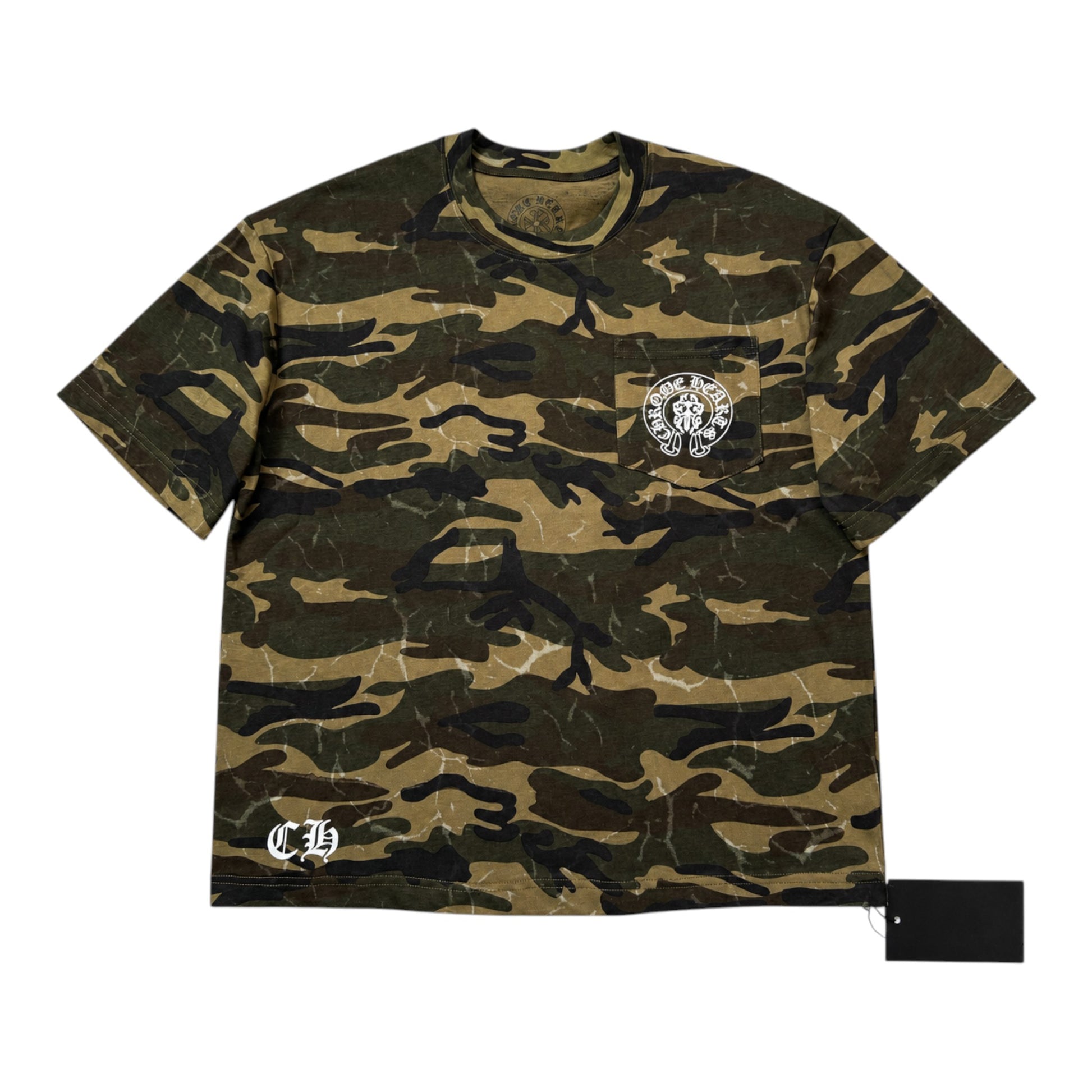 OFFCODE.USA Chrome Heart camo short-sleeve t-shirt with white logo print on chest pocket and bottom hem