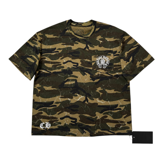 OFFCODE.USA Chrome Heart camo short-sleeve t-shirt with white logo print on chest pocket and bottom hem