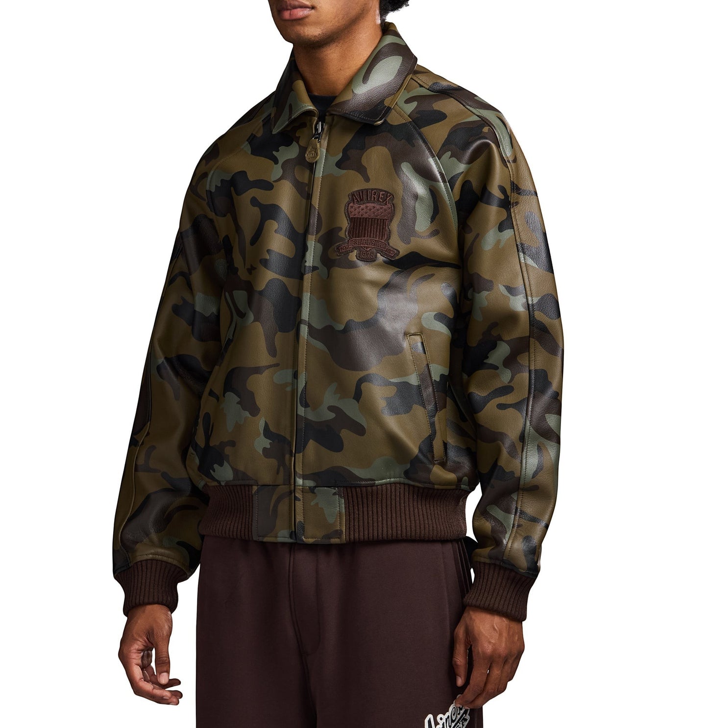 OFFCODE.USA Limited Edition Camo Icon Jacket, a men's bomber jacket in 100% goat leather with tonal camo print and logo details.