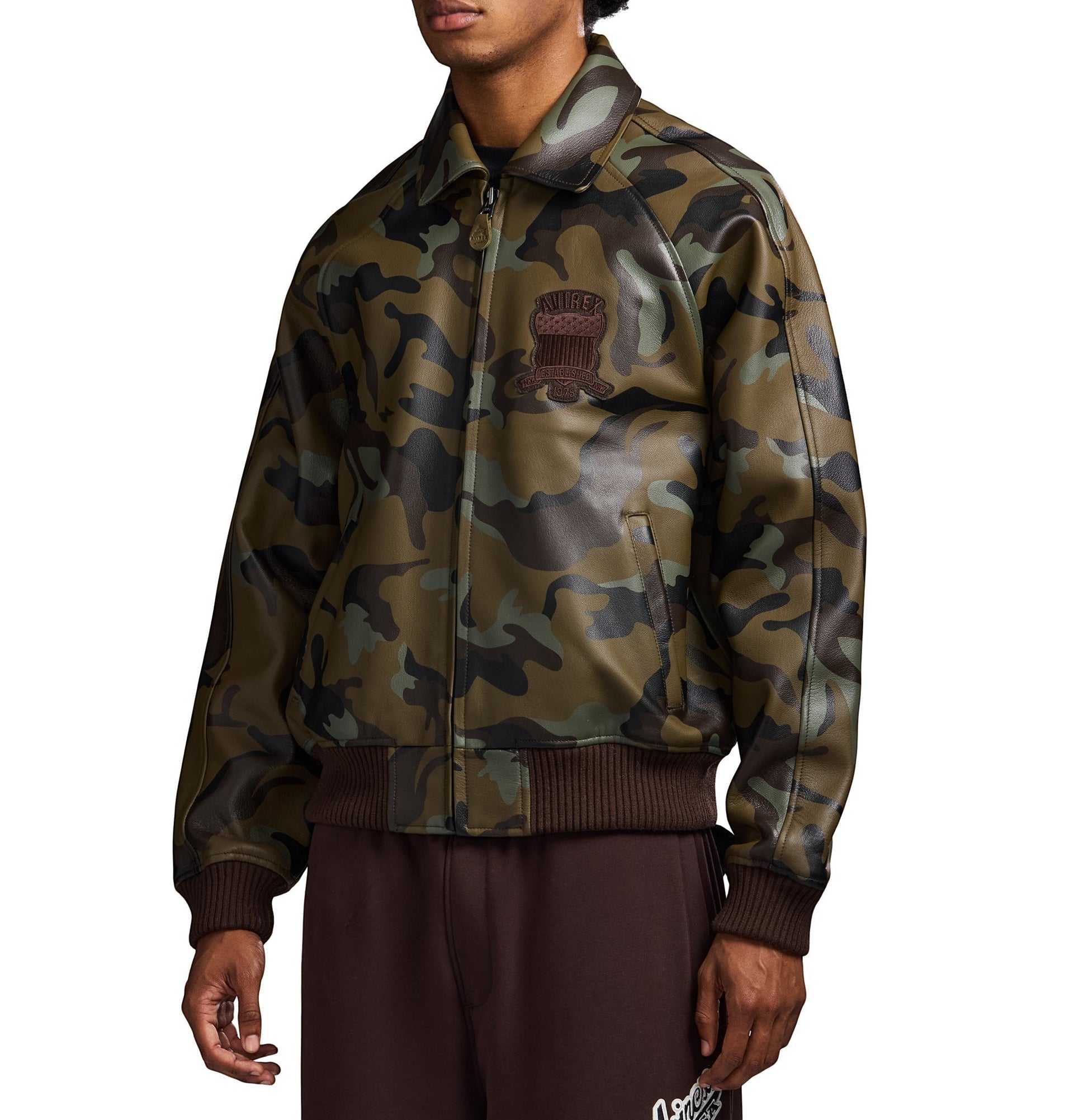 OFFCODE.USA Limited Edition Camo Icon Jacket, a men's bomber jacket in 100% goat leather with tonal camo print and logo details.