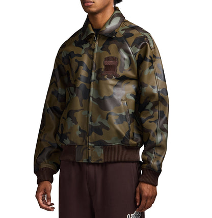 OFFCODE.USA Limited Edition Camo Icon Jacket, a men's bomber jacket in 100% goat leather with tonal camo print and logo details.