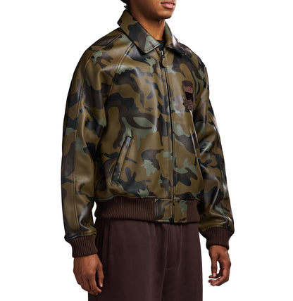 OFFCODE.USA Limited Edition Camo Icon Bomber Jacket in 100% goat leather with tonal camo print and logo details.