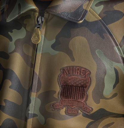 OFFCODE.USA Limited Edition Camo Icon Jacket in 100% goat leather with tonal camo print and embroidered logo patch.