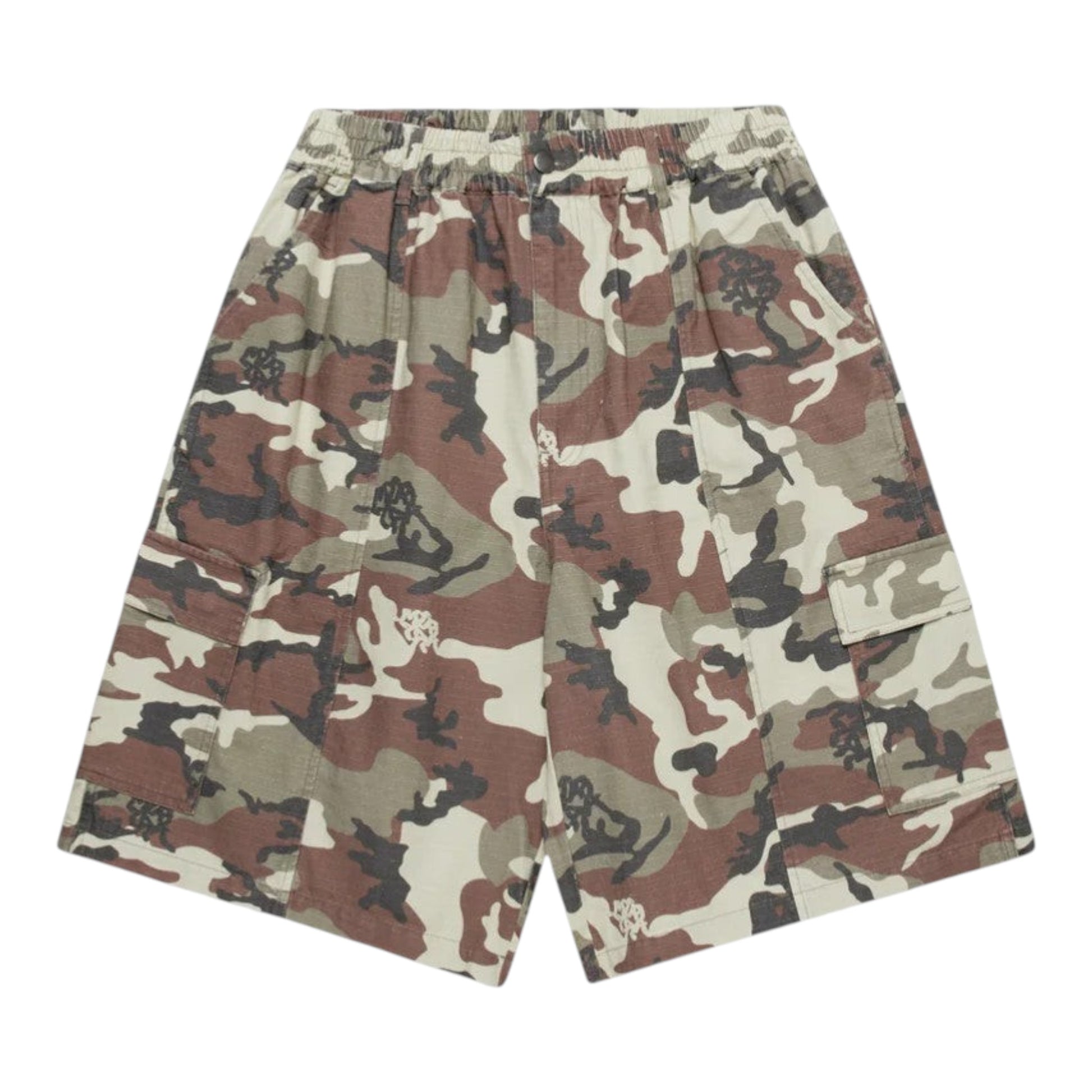 OFFCODE.USA camouflage cotton ripstop cargo shorts with elasticated waistband and button cargo pockets.
