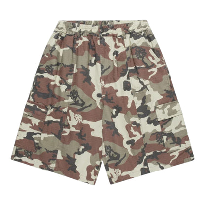 OFFCODE.USA camouflage cotton ripstop cargo shorts with elasticated waistband and button cargo pockets.