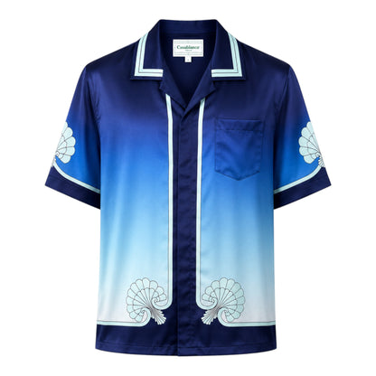 OFFCODE.USA Casablanca Archway Place Vendome silk shirt with blue gradient and fan motifs.