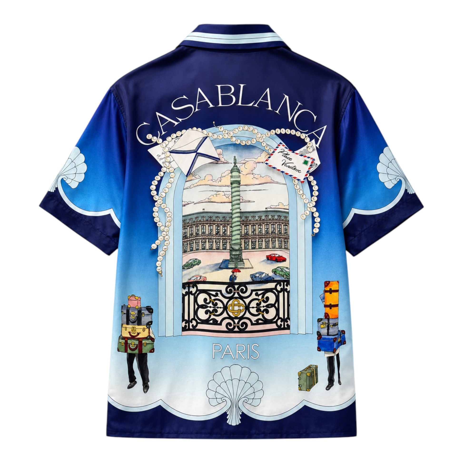 OFFCODE.USA Casablanca Archway Place Vendome silk short sleeve shirt with blue gradient and Paris graphic.
