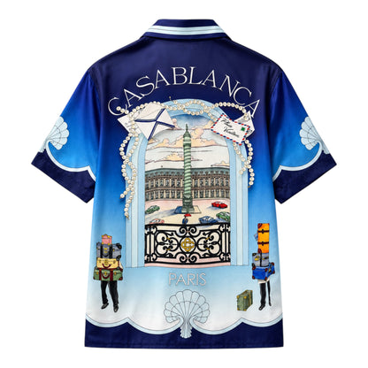 OFFCODE.USA Casablanca Archway Place Vendome silk short sleeve shirt with blue gradient and Paris graphic.