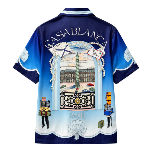 OFFCODE.USA Casablanca Archway Place Vendome silk short sleeve shirt with blue gradient and Paris graphic.