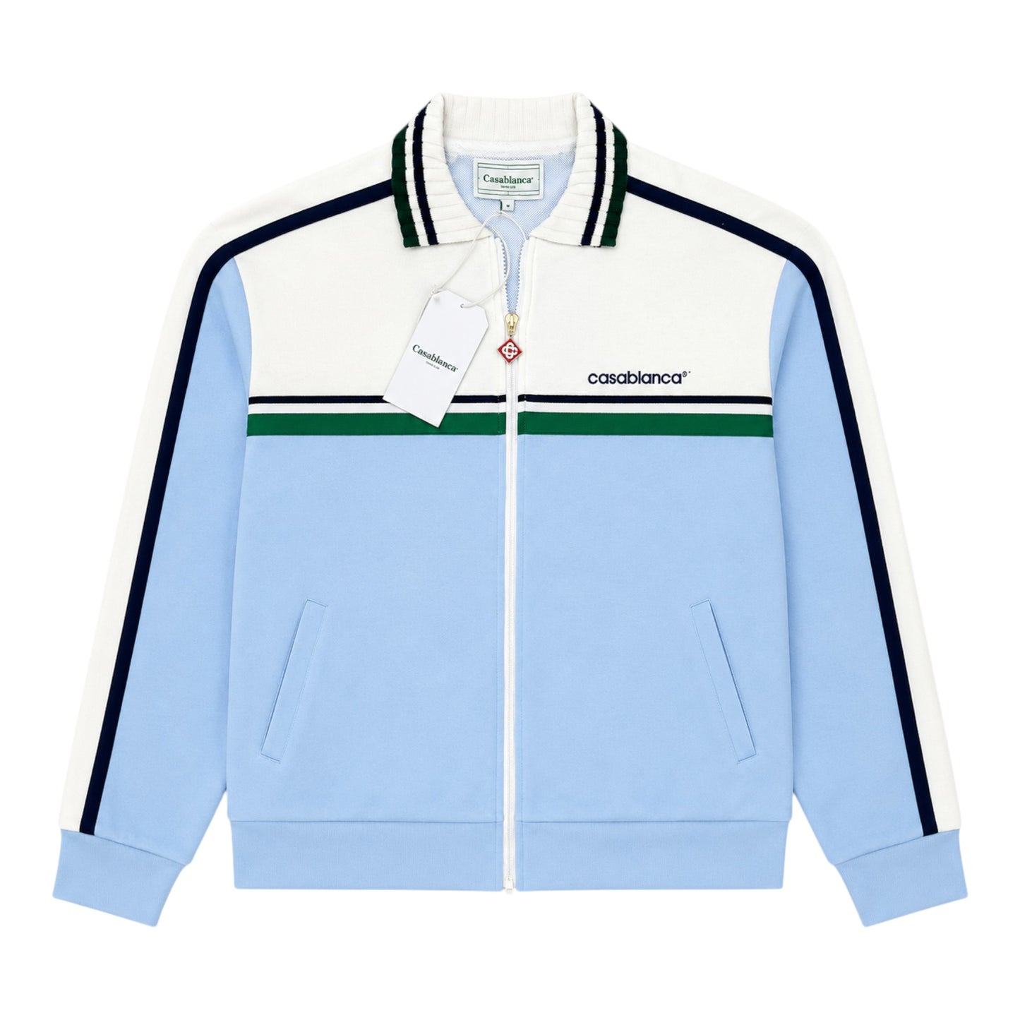 OFFCODE.USA Casablanca Contrast Yoke Track Jacket in light blue and white with green and navy stripes.
