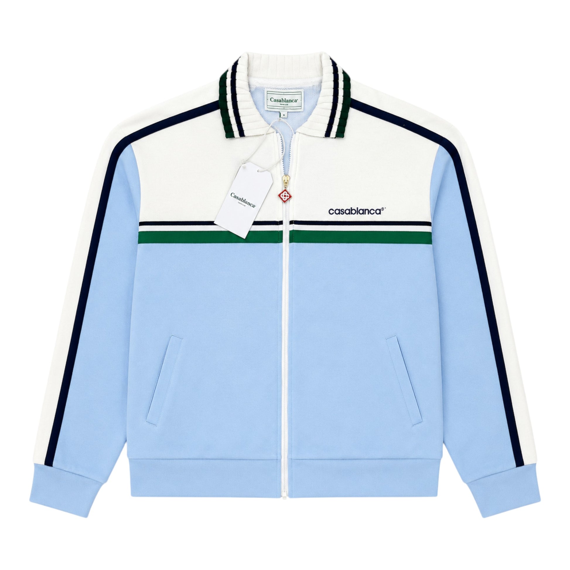 OFFCODE.USA Casablanca Contrast Yoke Track Jacket in light blue and white with green and navy stripes.