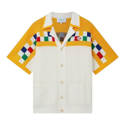 OFFCODE.USA Casablanca Crochet Shirt in white with multicolor checkered details on sleeves and collar. Short sleeve knit.