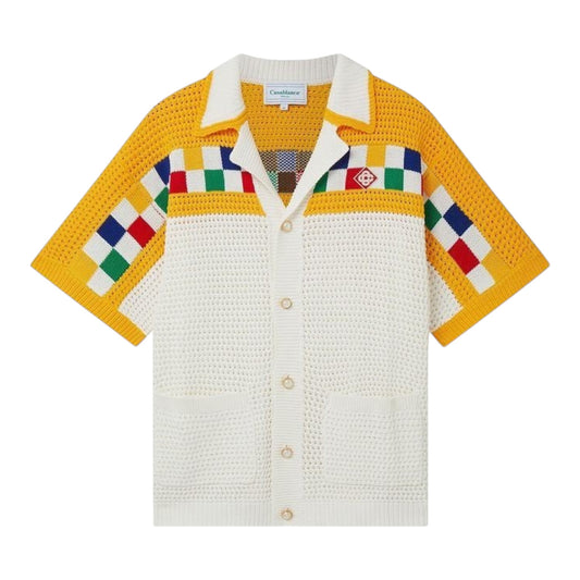 OFFCODE.USA Casablanca Crochet Shirt in white with multicolor checkered details on sleeves and collar. Short sleeve knit.