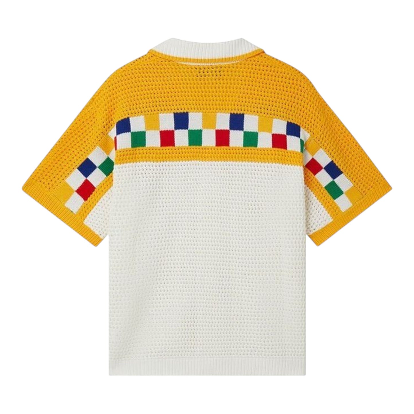OFFCODE.USA Casablanca Crochet Shirt in white with yellow sleeves and multicolor checkered detail. Short sleeve polo.