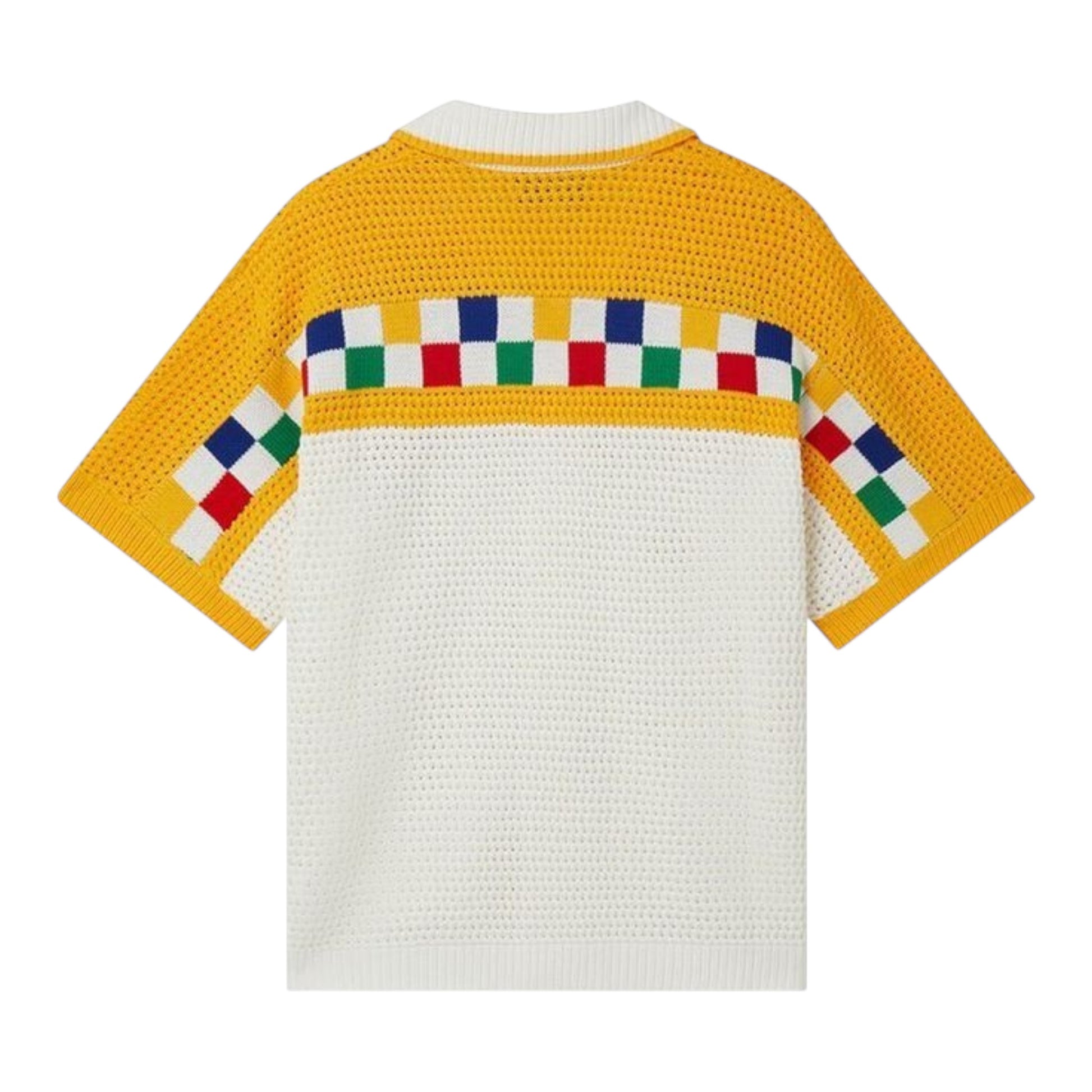 OFFCODE.USA Casablanca Crochet Shirt in white with yellow sleeves and multicolor checkered detail. Short sleeve polo.