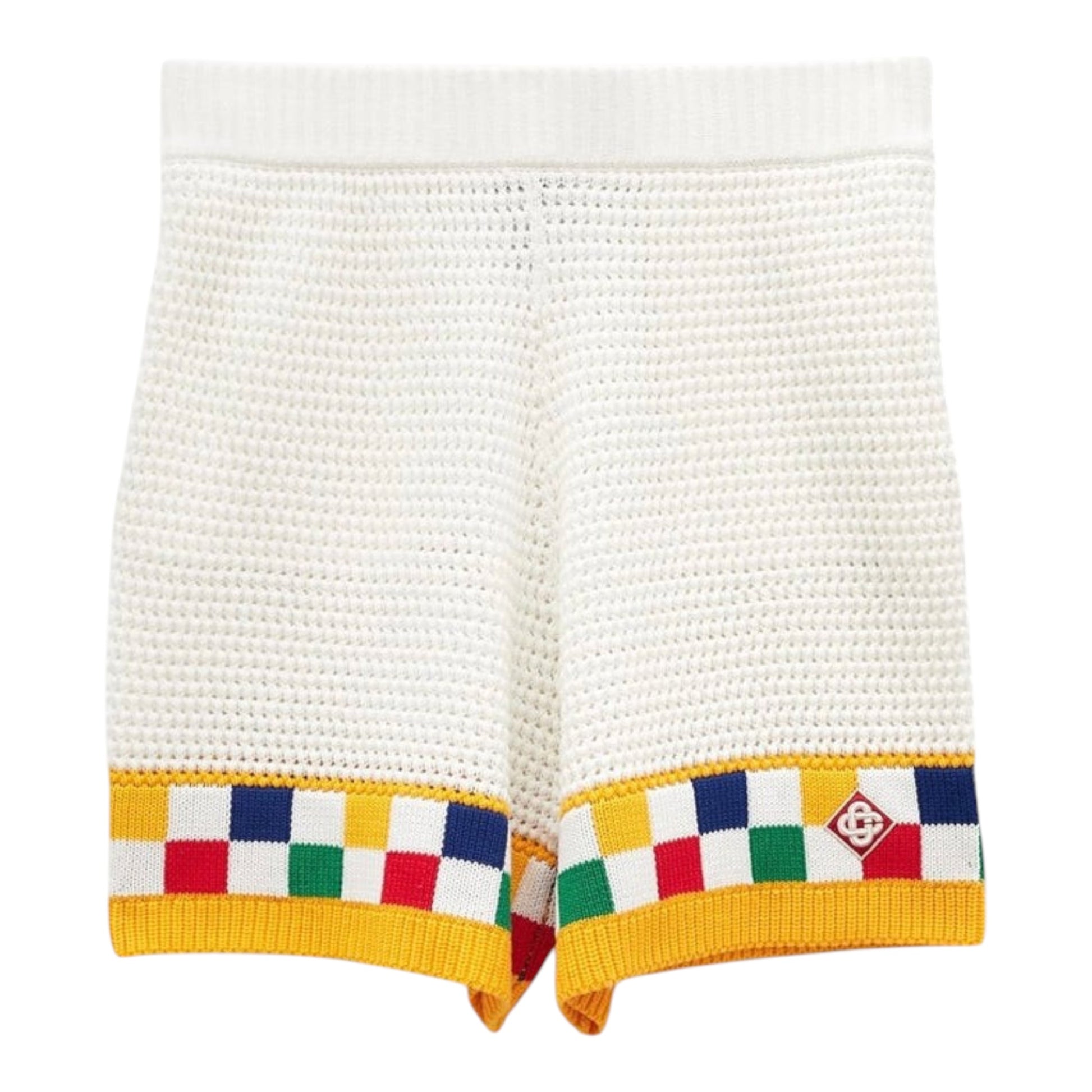 OFFCODE.USA Casablanca Faux Crochet Shorts in white with yellow trim and a colorful checkered pattern.