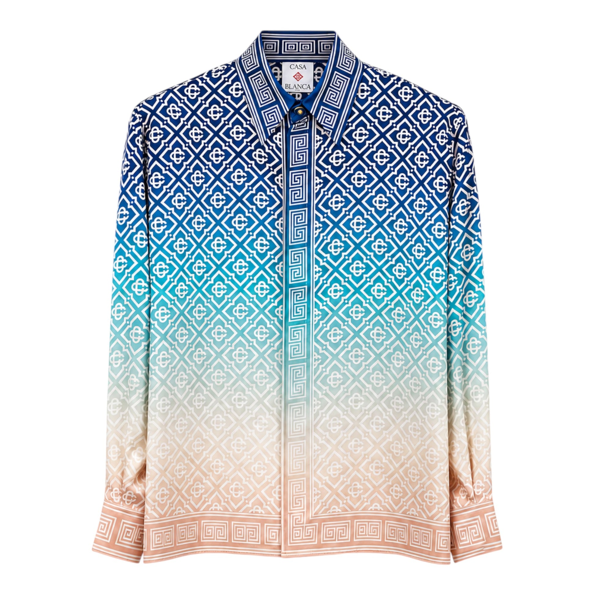 OFFCODE.USA Casablanca Jacquard Gradient Long Sleeve Silk Shirt with blue, teal, and beige gradient pattern.