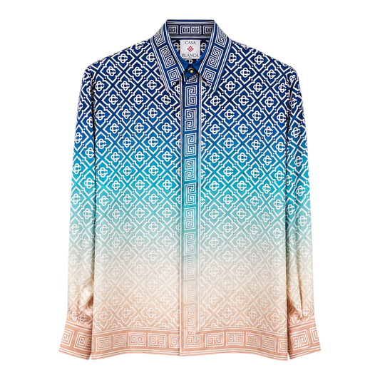 OFFCODE.USA Casablanca Jacquard Gradient Long Sleeve Silk Shirt with blue, teal, and beige gradient pattern.