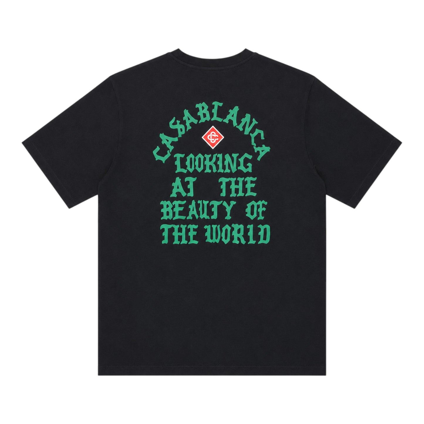 OFFCODE.USA black cotton t-shirt with green Casablanca "Looking at the Beauty of the World" graphic print.