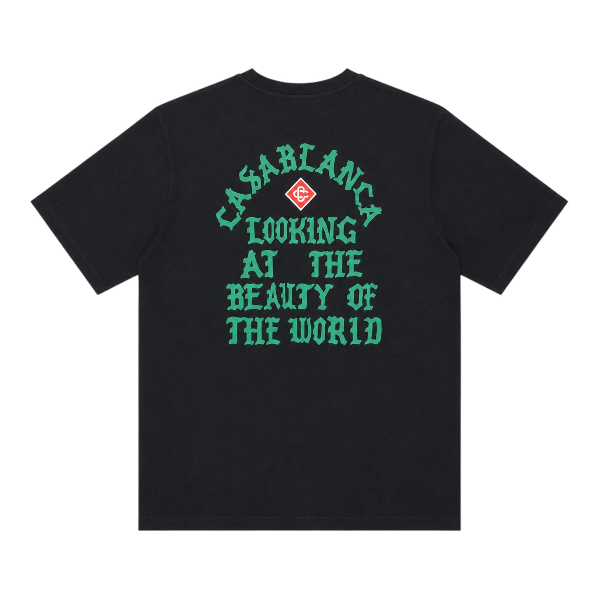 OFFCODE.USA black cotton t-shirt with green Casablanca "Looking at the Beauty of the World" graphic print.
