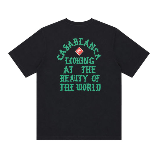 OFFCODE.USA black cotton t-shirt with green Casablanca "Looking at the Beauty of the World" graphic print.